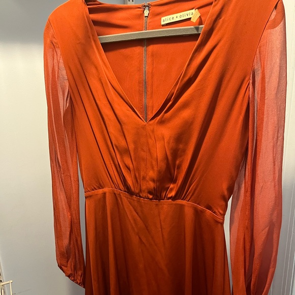 Alice + Olivia Cary Long-Sleeve Stretch Silk A-Line Dress Size 2 in Rust Orange - Picture 4 of 10